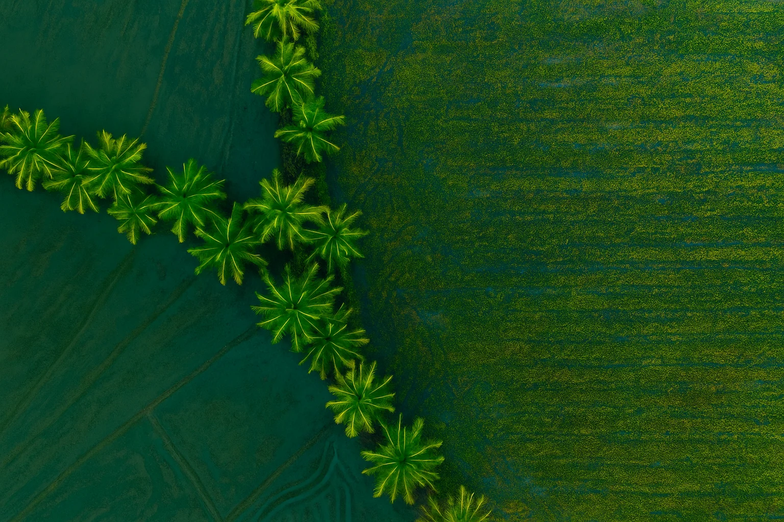 Green Fields Divided by Tropical Palm Trees