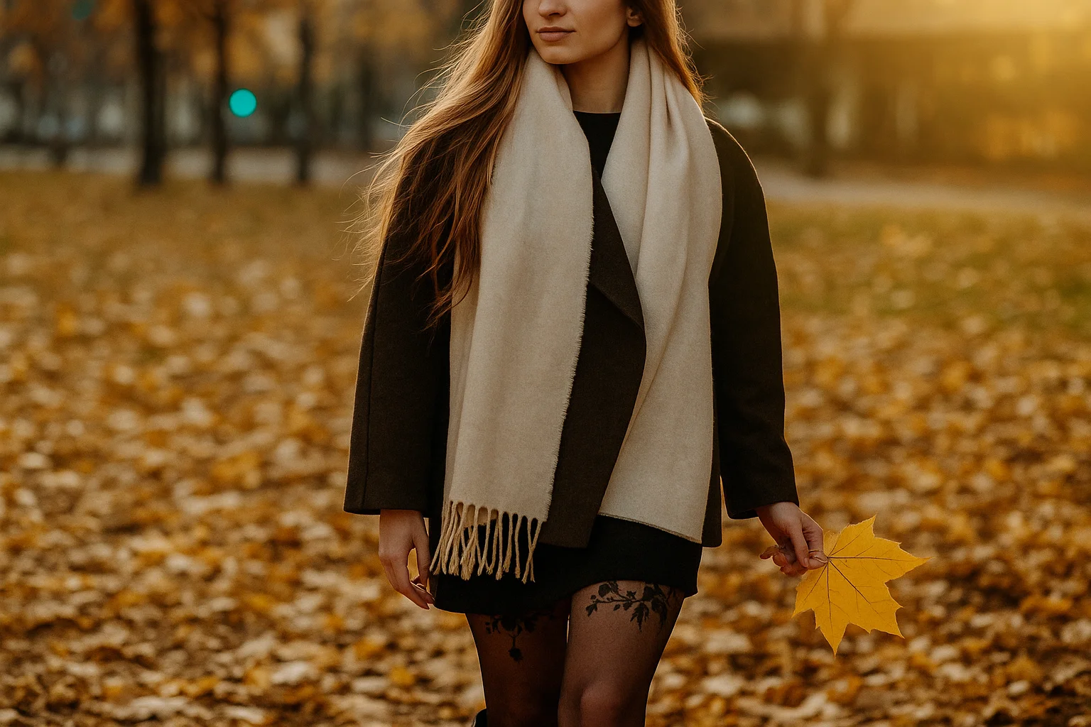 Woman Walking in an Autumn Park with Fallen Leaves