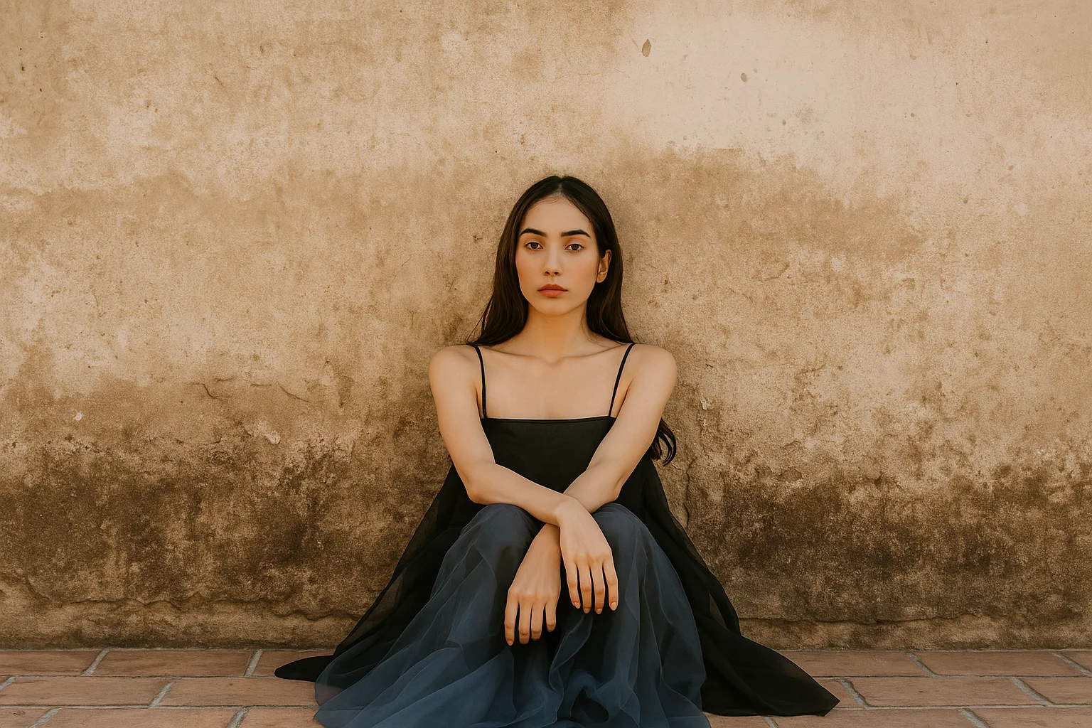 Minimal Portrait of a Woman Sitting Against a Textured Wall