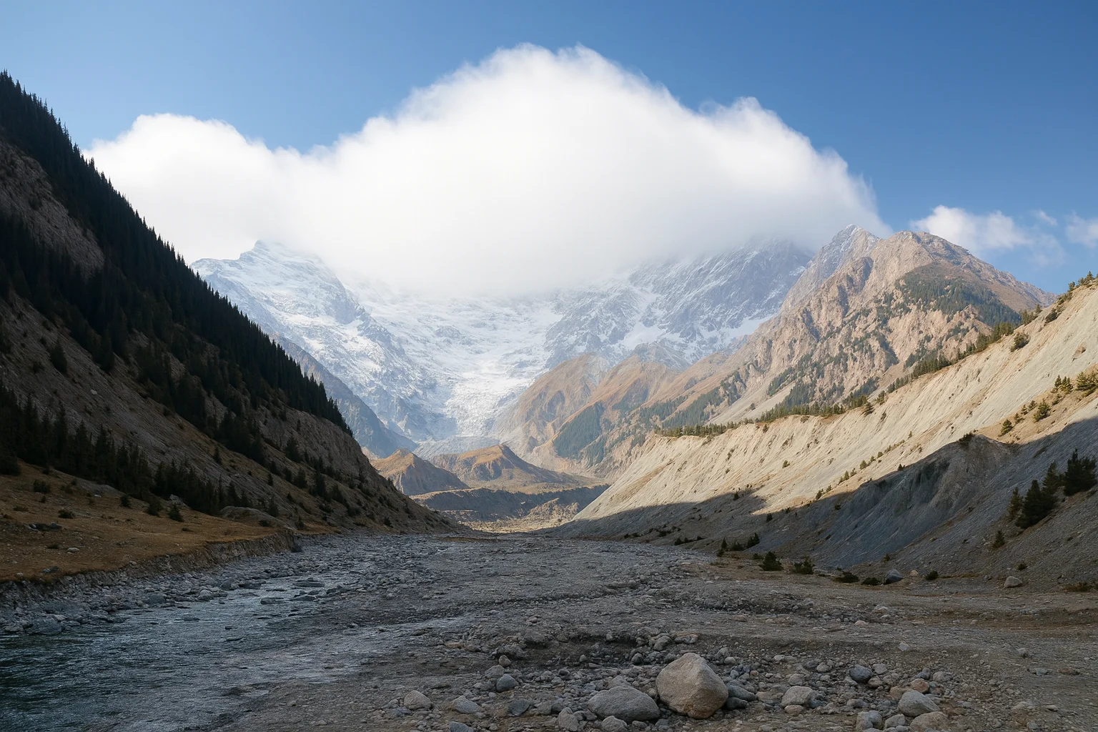 Mountain Landscape with Clouds and Rocky Valley