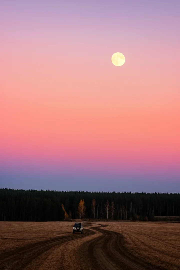 Full Moon Over Pink Sunset Sky with Rural Road