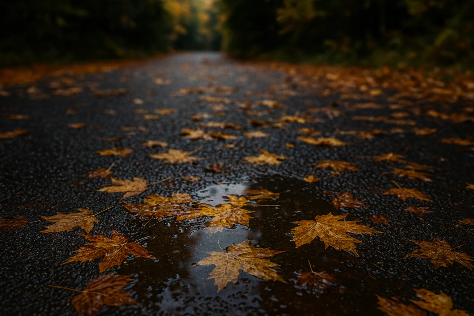 Road Covered with Wet Autumn Leaves – Natural Seasonal Landscape