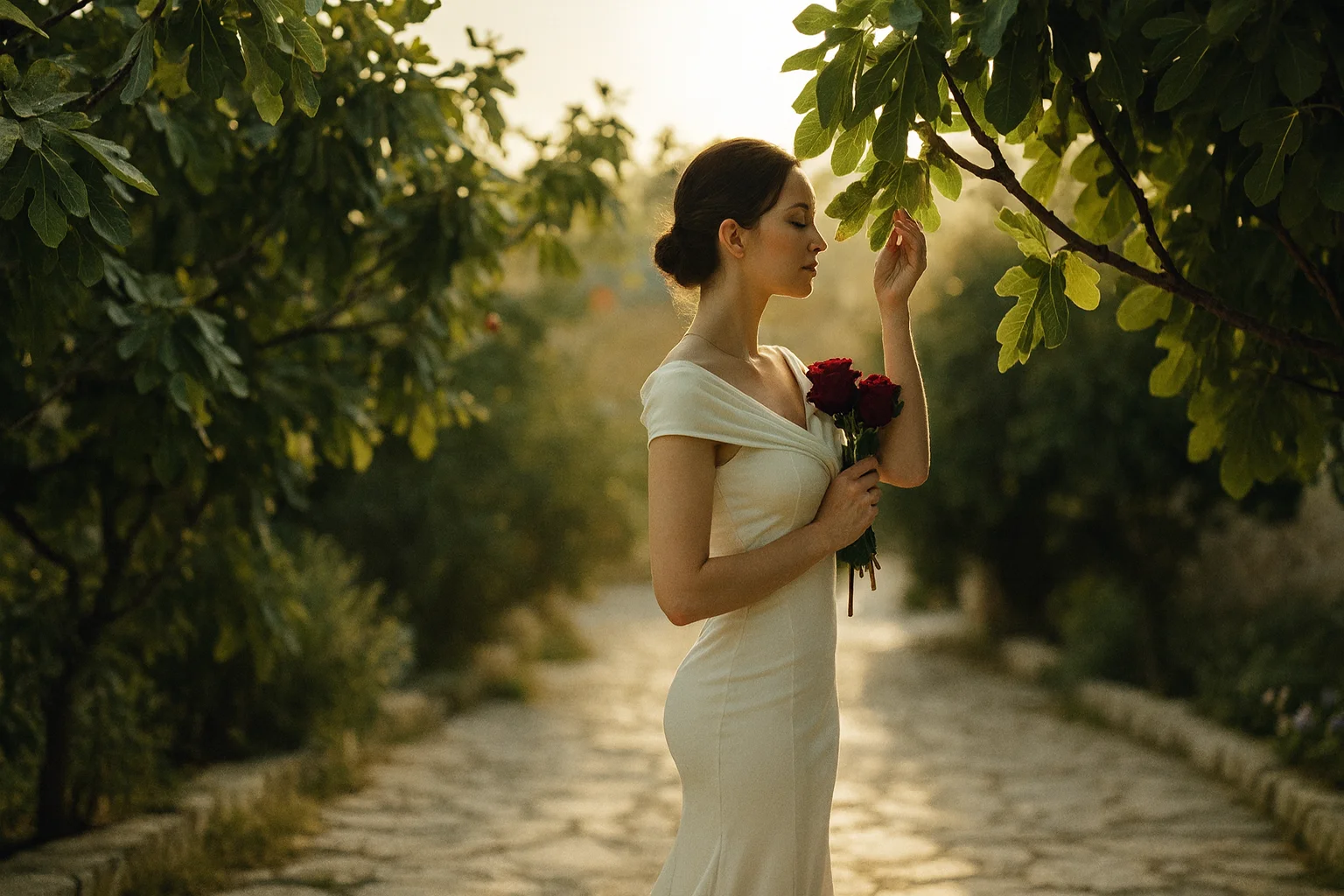 Poetic Portrait of an Elegant Woman with Roses in Nature