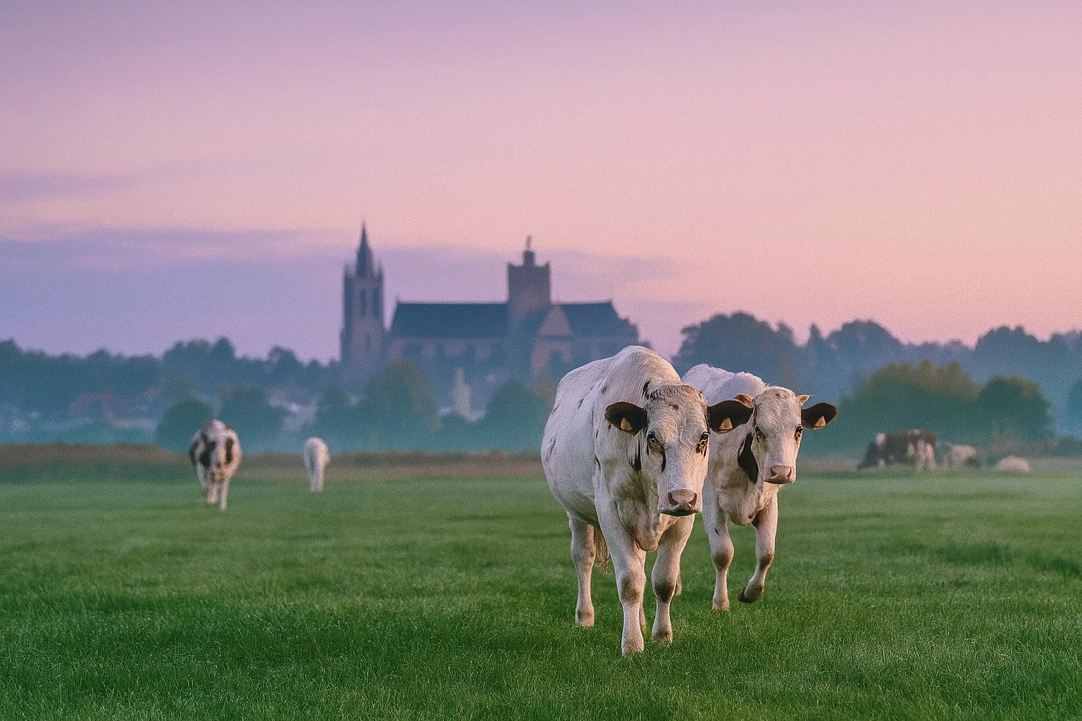 Rural Morning Scene with Cows Walking Through a Misty Field