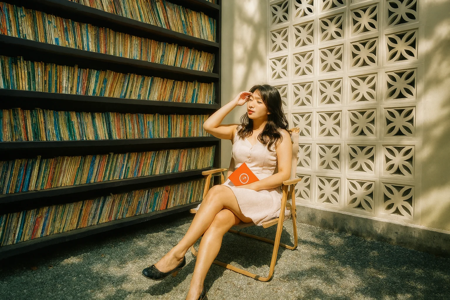 Woman Holding a Book in a Bright Reading Corner