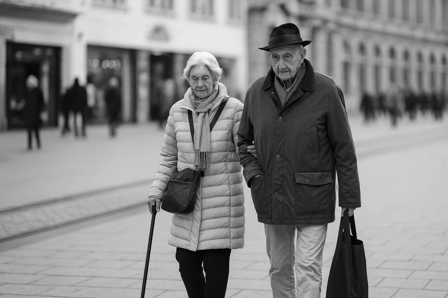 Elderly Couple Walking in a Black and White City Scene