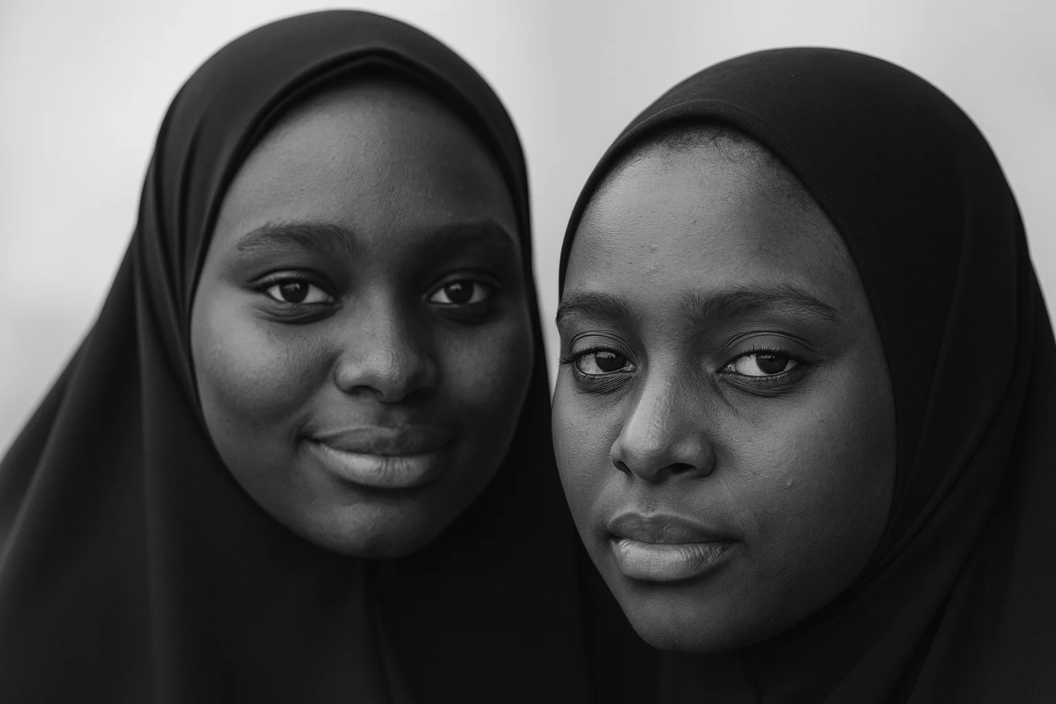 Black and White Close-Up Portrait of Two Young Women