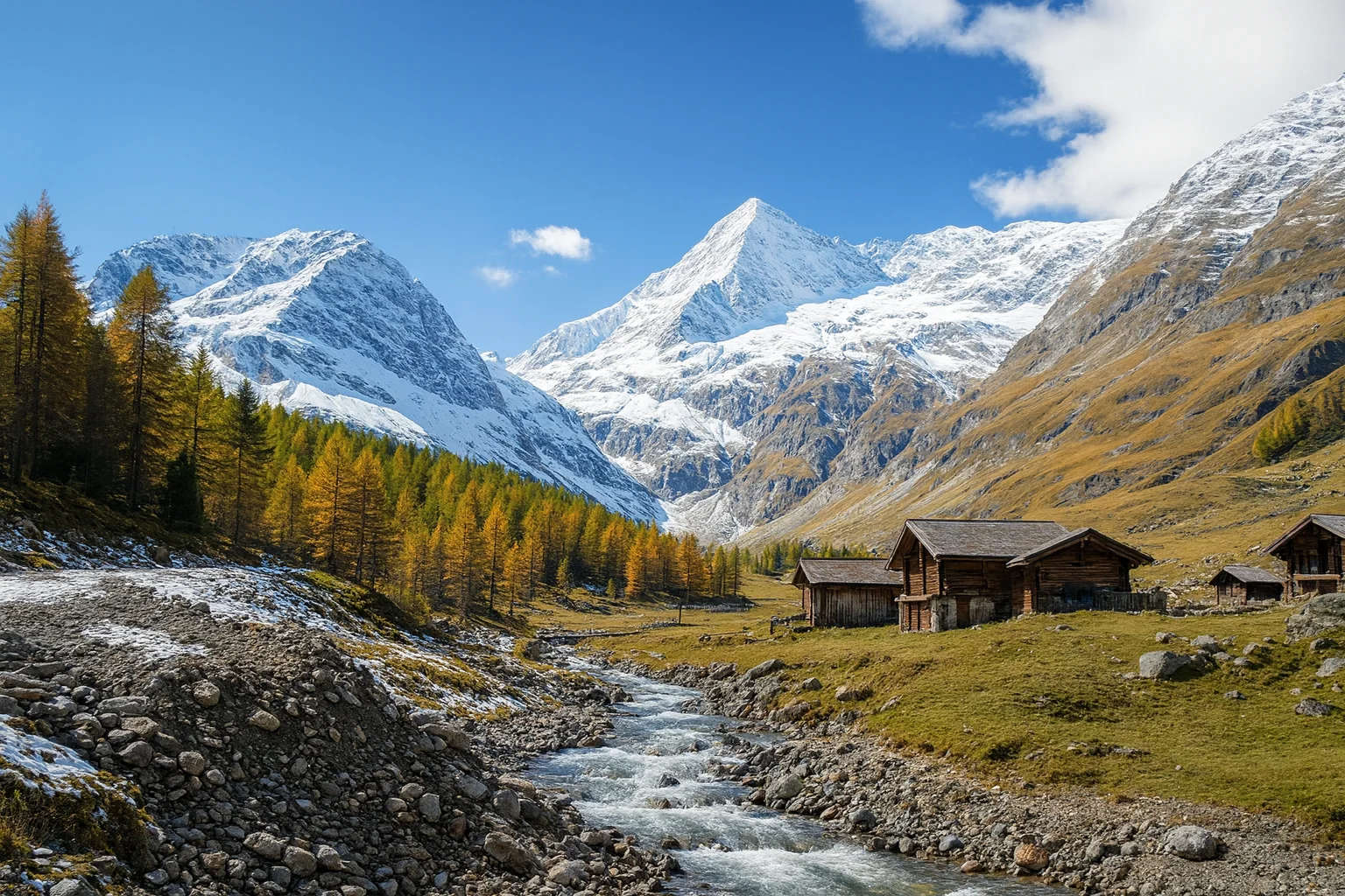 Mountain Valley Landscape with Snowy Peaks and Wooden Cabins