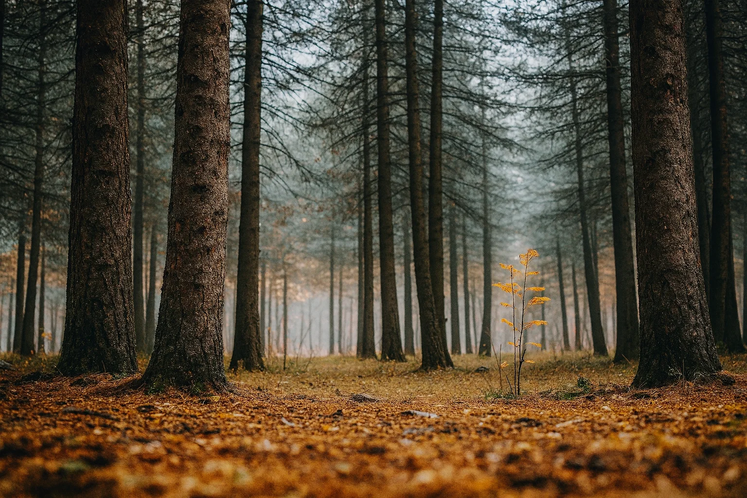 Sunlight and Warm Autumn Tones in a Quiet Forest