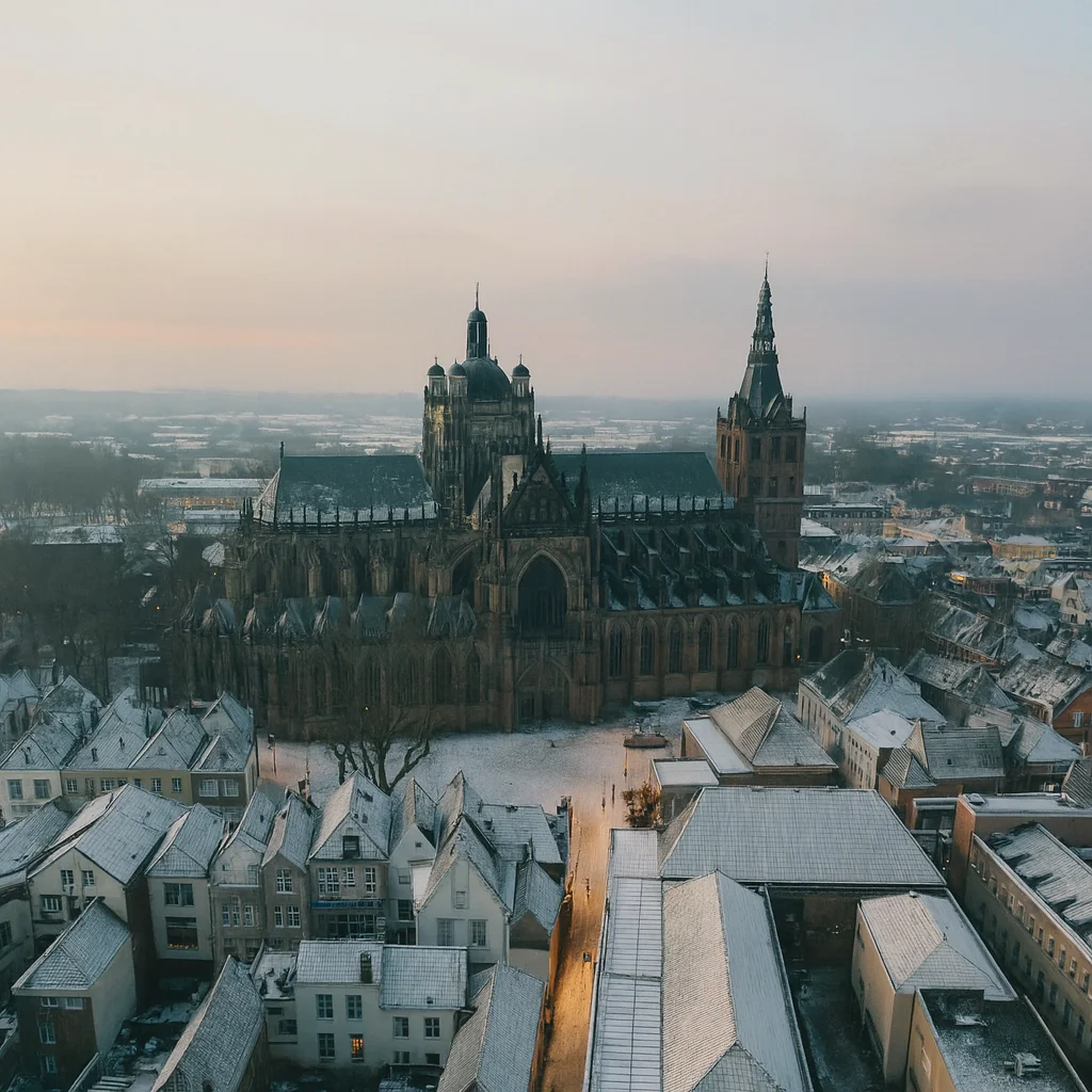 Aerial View of Snowy City and Cathedral