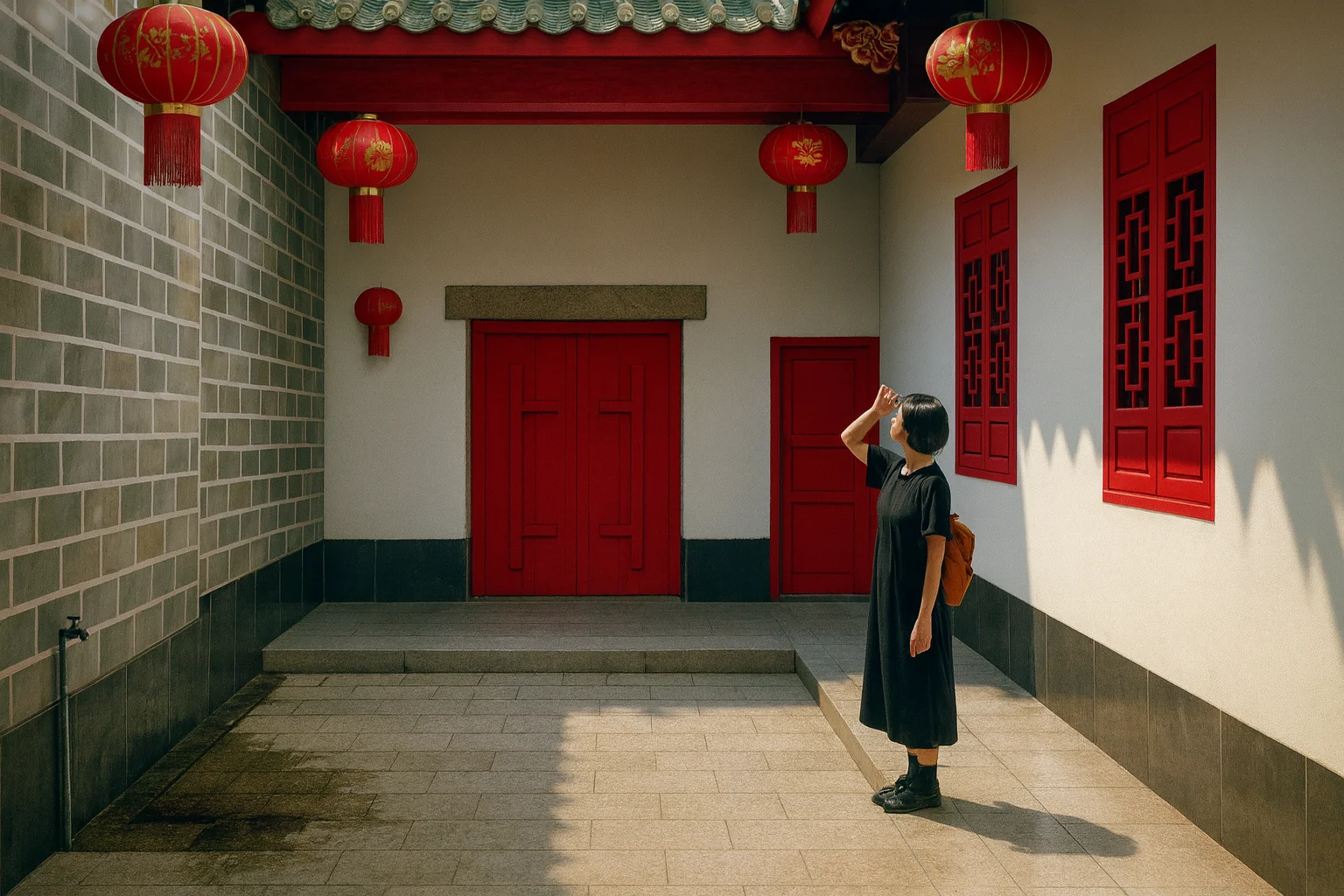 Architectural Ambiance in a Courtyard Decorated with Red Lanterns