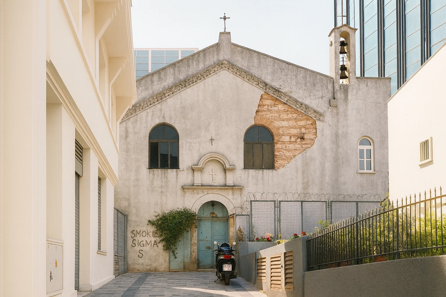 Narrow Alley View with an Aged Building and Weathered Walls