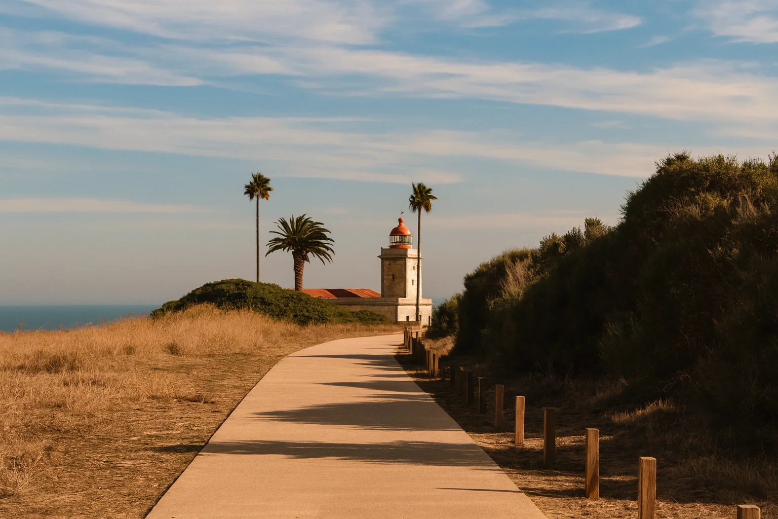 Red-Topped Lighthouse Rising at the End of a Coastal Path