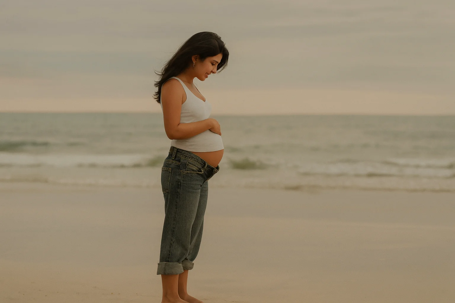 Pregnant Woman Embracing a Peaceful Moment on the Beach