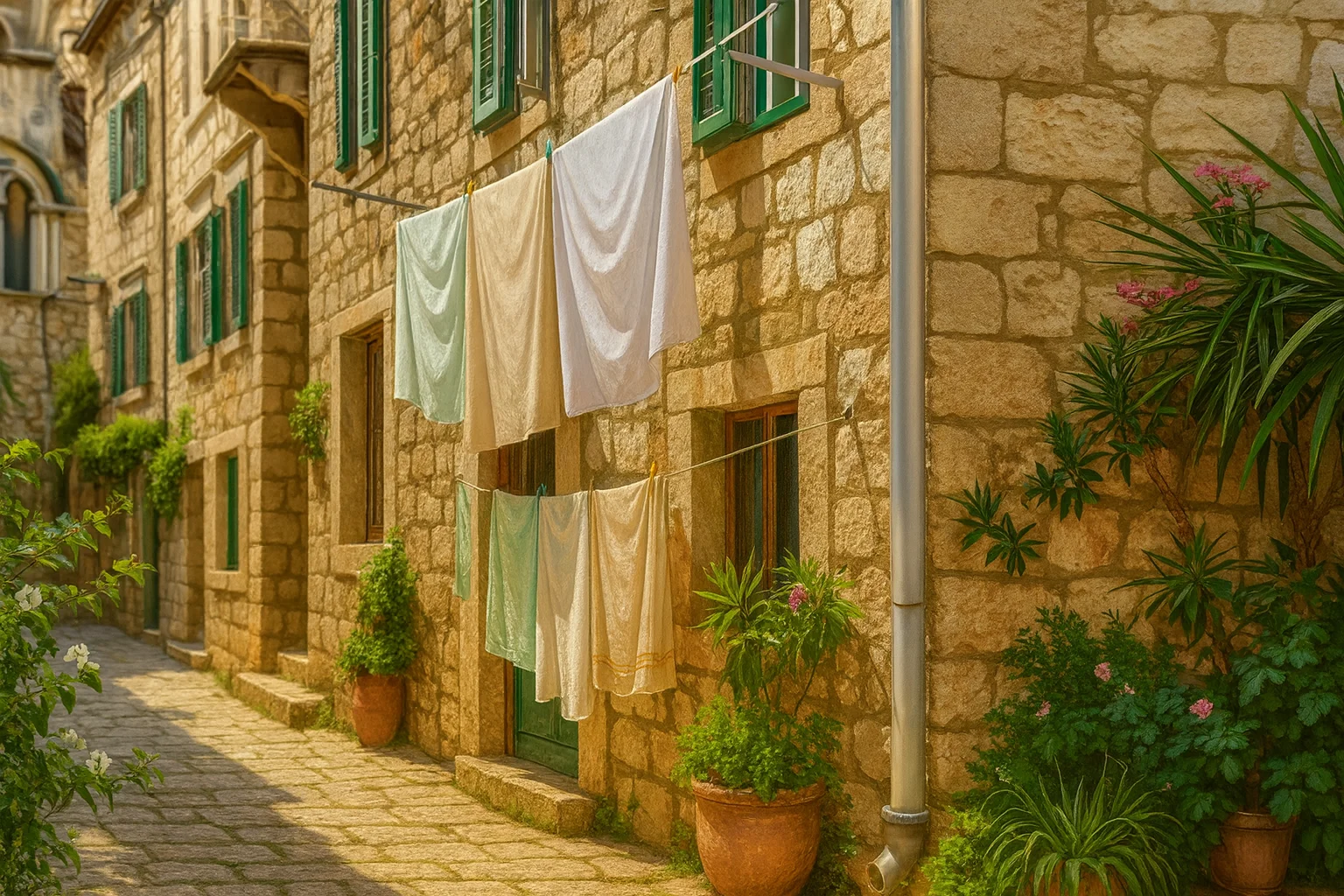 Laundry Hanging in a Sunny Stone Alley