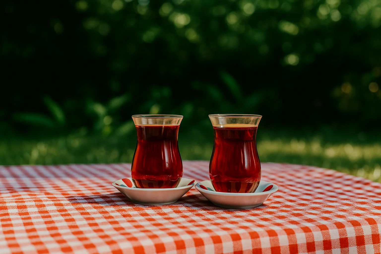 Two Glasses of Tea on a Red Patterned Cloth in Nature