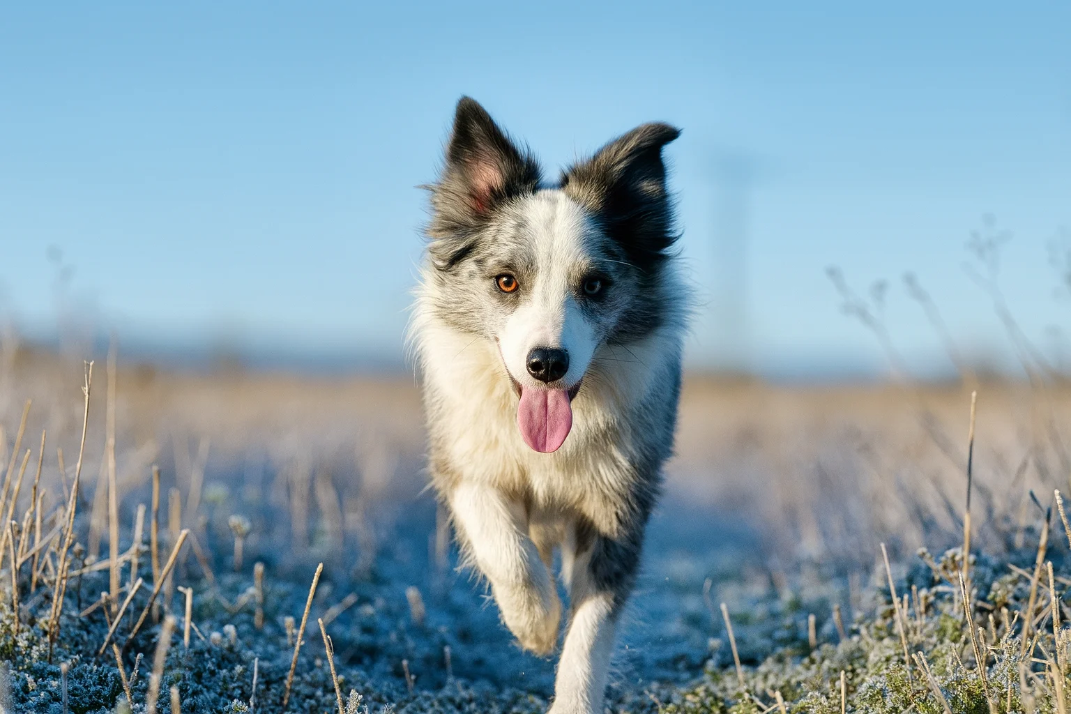 Energetic Dog Walking Through a Frosty Field
