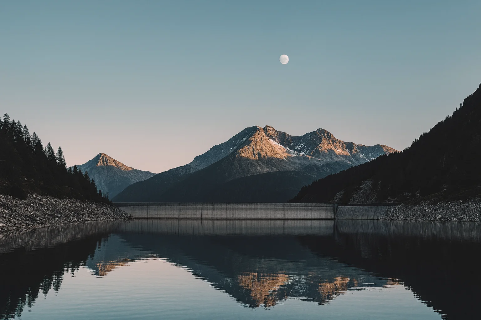 Sunset Reflections on a Quiet Mountain Lake