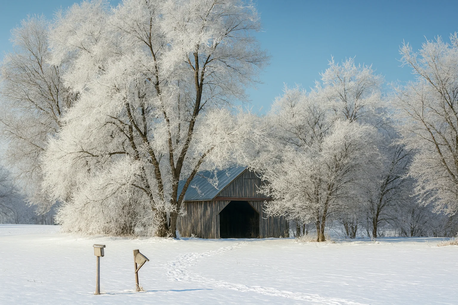 Frosted Trees and Barn in a Snowy Winter Landscape