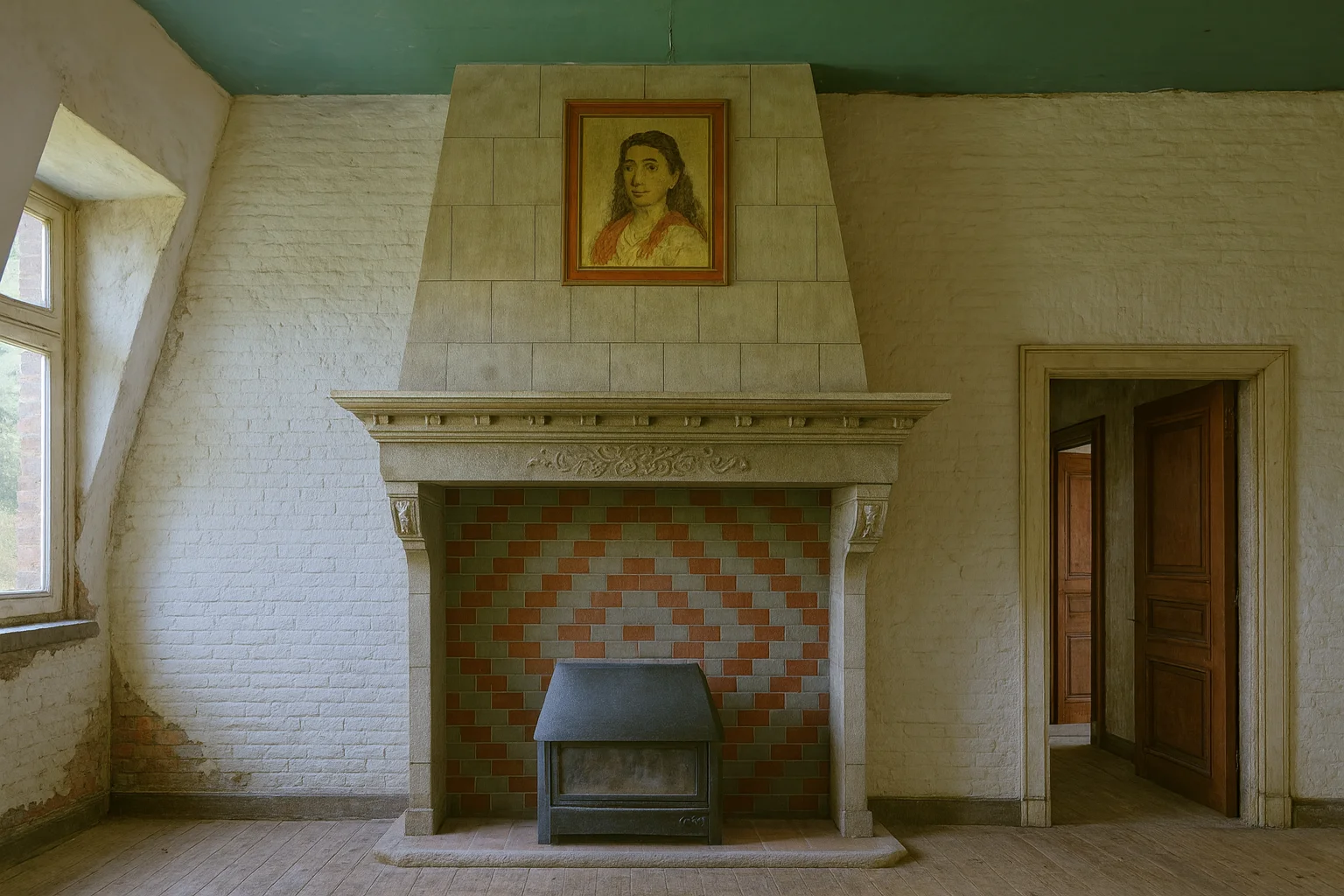 Old Stone Fireplace and Portrait in an Abandoned Room