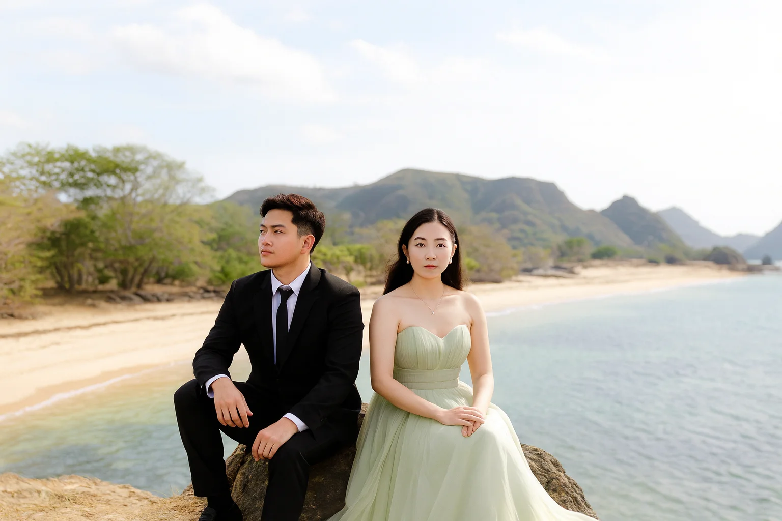 Elegant Engagement Couple by the Seaside Landscape