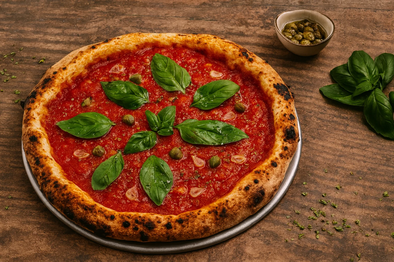 Wood-Fired Tomato Basil Pizza – Rustic Horizontal Photo
