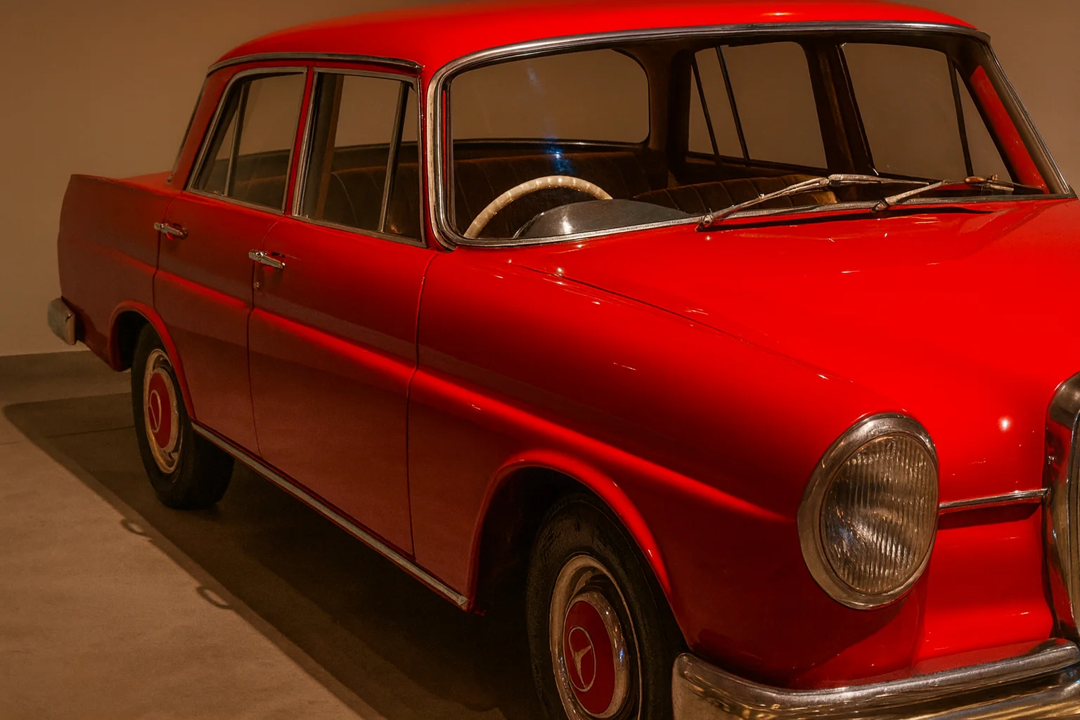Side View of a Red Classic Car with Detailed Close-Up