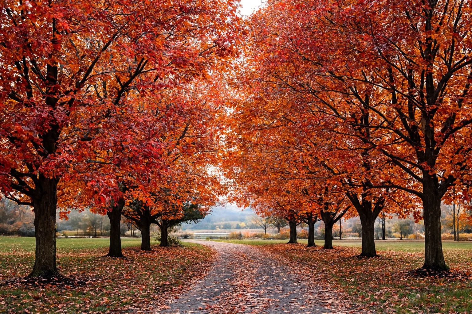 Path Surrounded by Red and Orange Autumn Trees