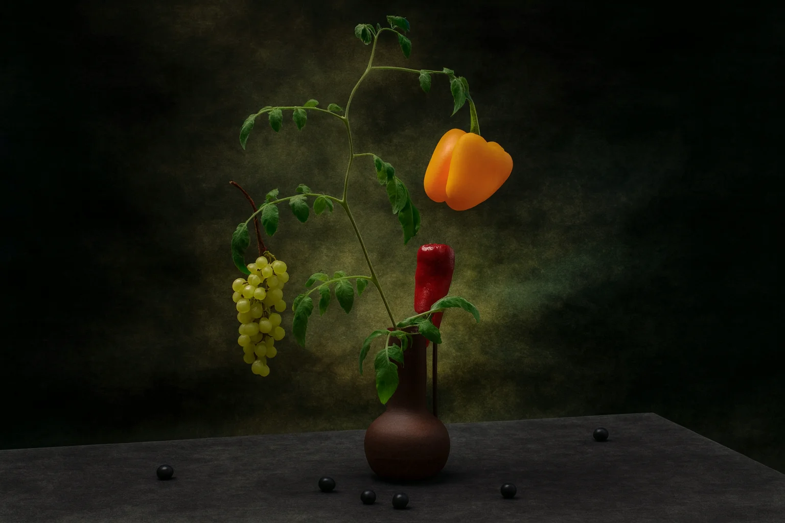 Artistic Still Life Composition with Peppers and Grapes