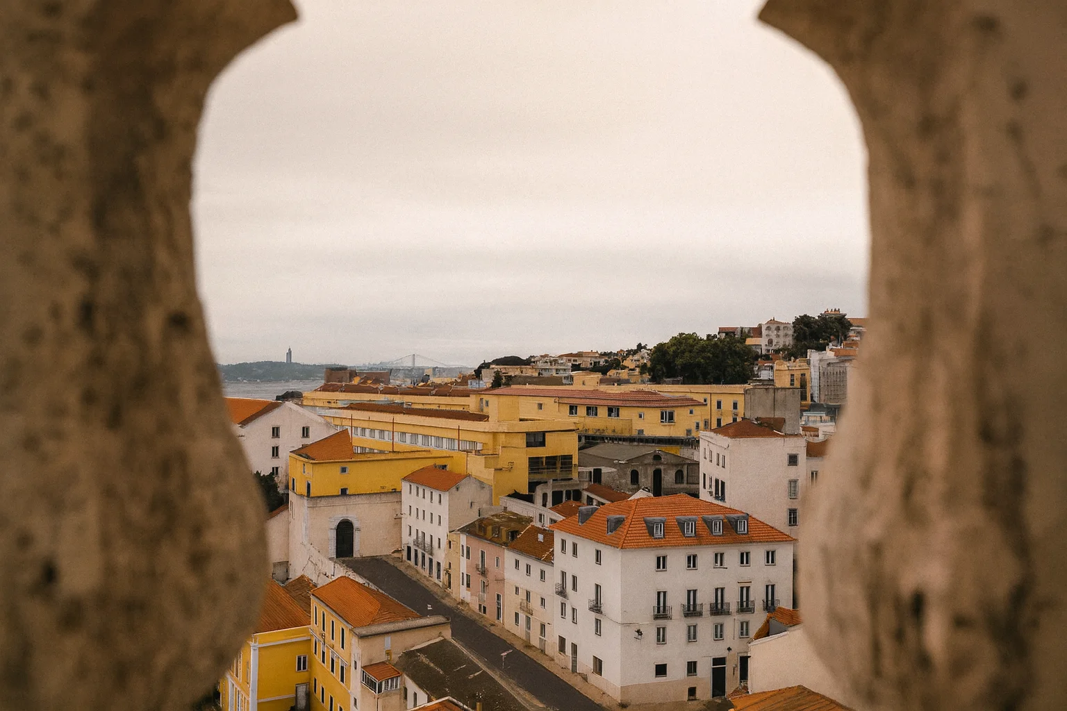 Framed Cityscape View Through a Historic Window Opening