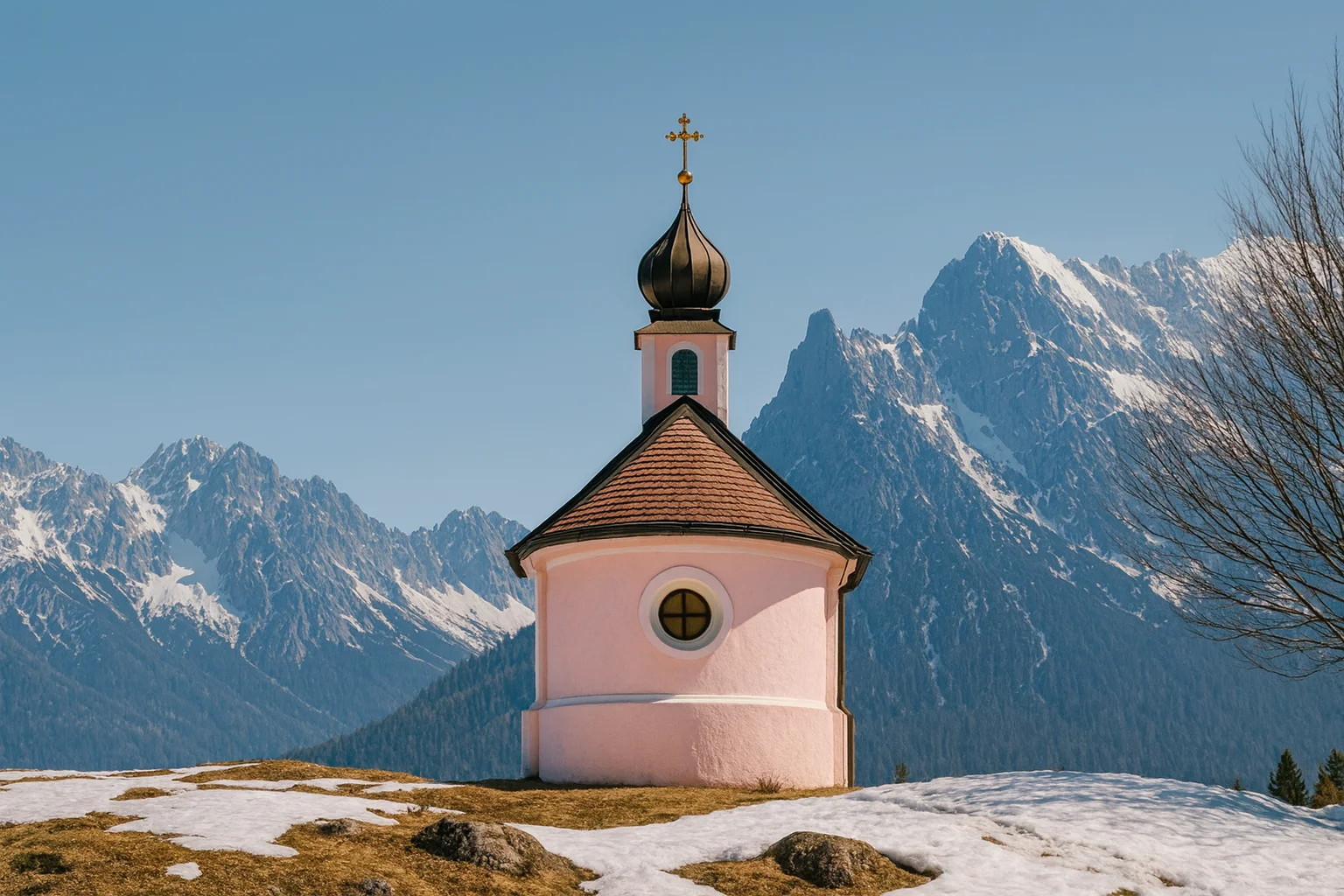 Small Pink Chapel in a Mountain Landscape