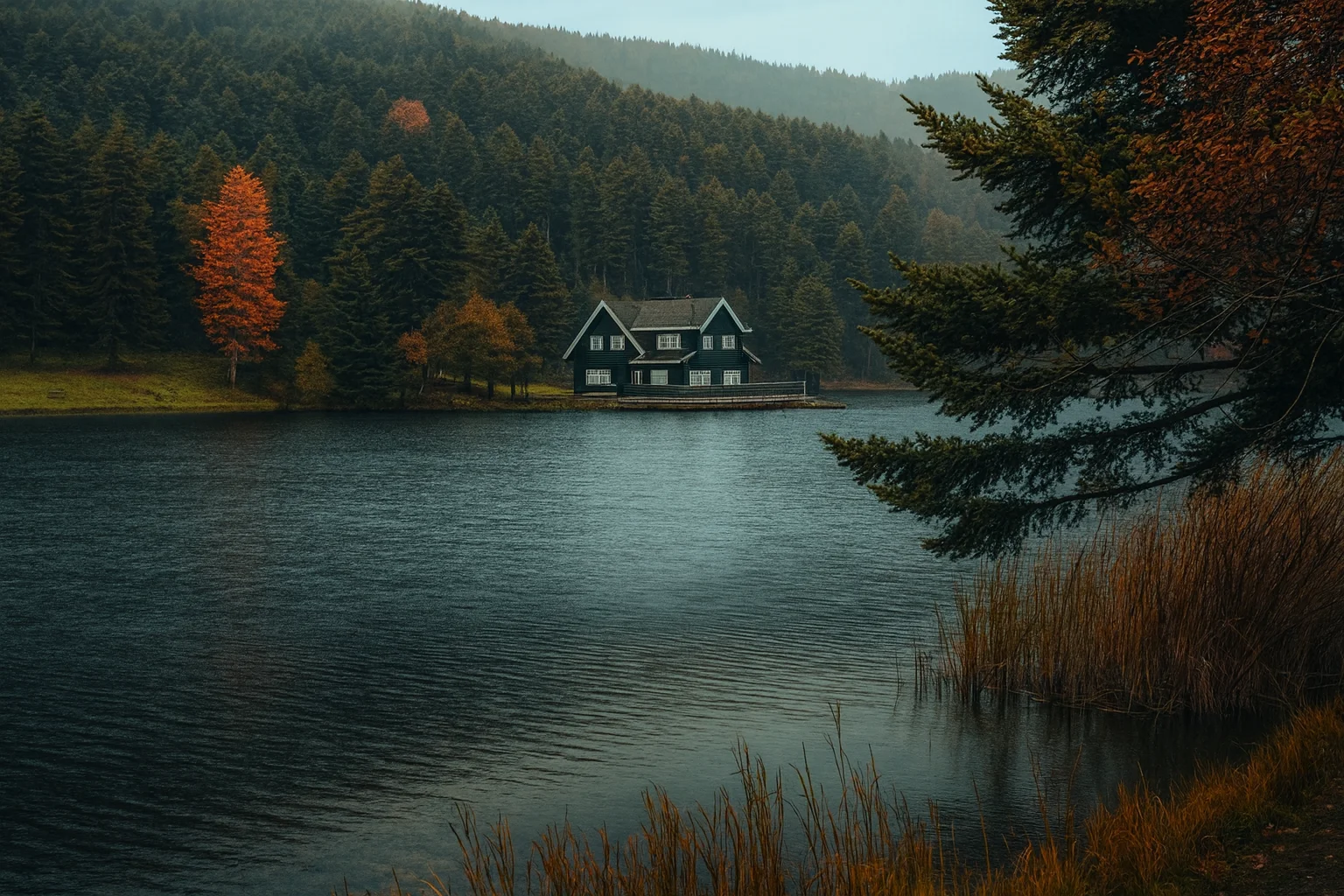 Forest House by a Misty Lake