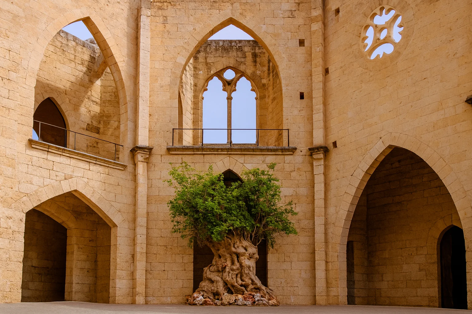 Historic Gothic Structure and Ancient Courtyard Tree